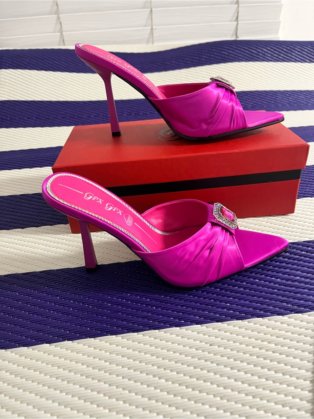 Fuchsia Satin Pointed Toe Heeled Mules with Crystal Buckle